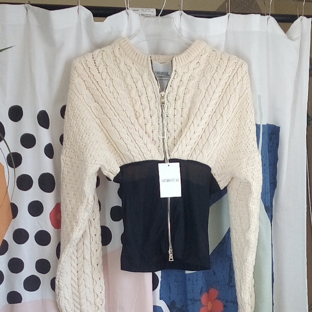 Sami Miro Vintage Cream Cable Knit Cropped Fisherman Sweater W/Mesh, NWT, Medium